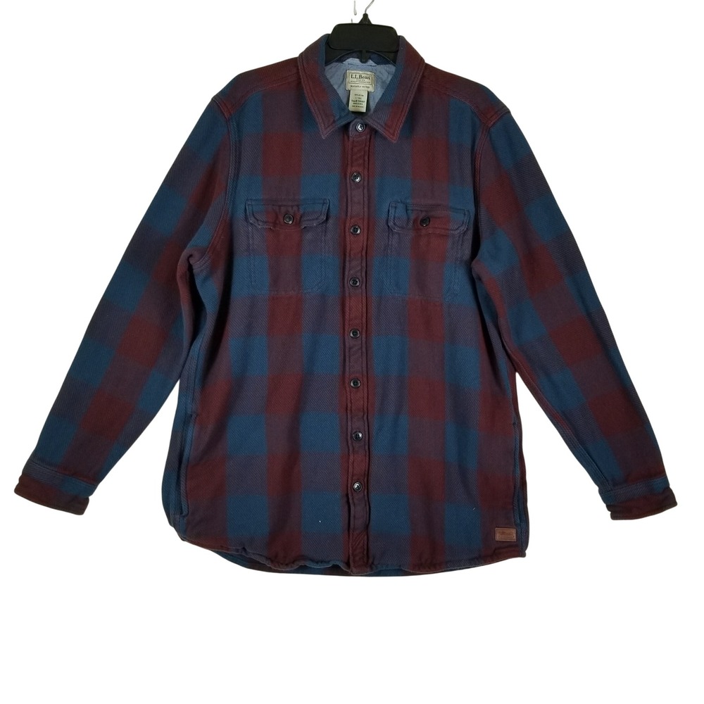 L.L. Bean Flannel Shirt Mens L-Tall Burgundy Blue Buffalo Check Slightly Fitted